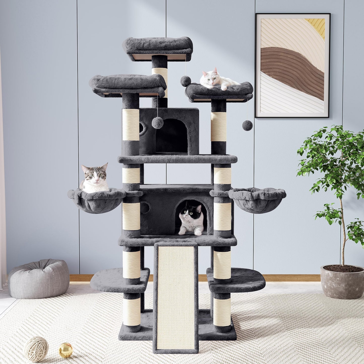 Allewie 68 Inches Cat Tree House with Condo, Scratching Post, and Multi-Level Towers for Cats - Smokey Grey