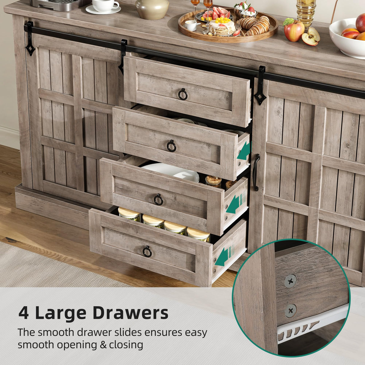 YITAHOME 59" Farmhouse Buffet Cabinet with Storage, Large Sideboard Cabinet w/Sliding Barn Doors and 4 Drawers for Living Room, Wash Grey YITAHOME