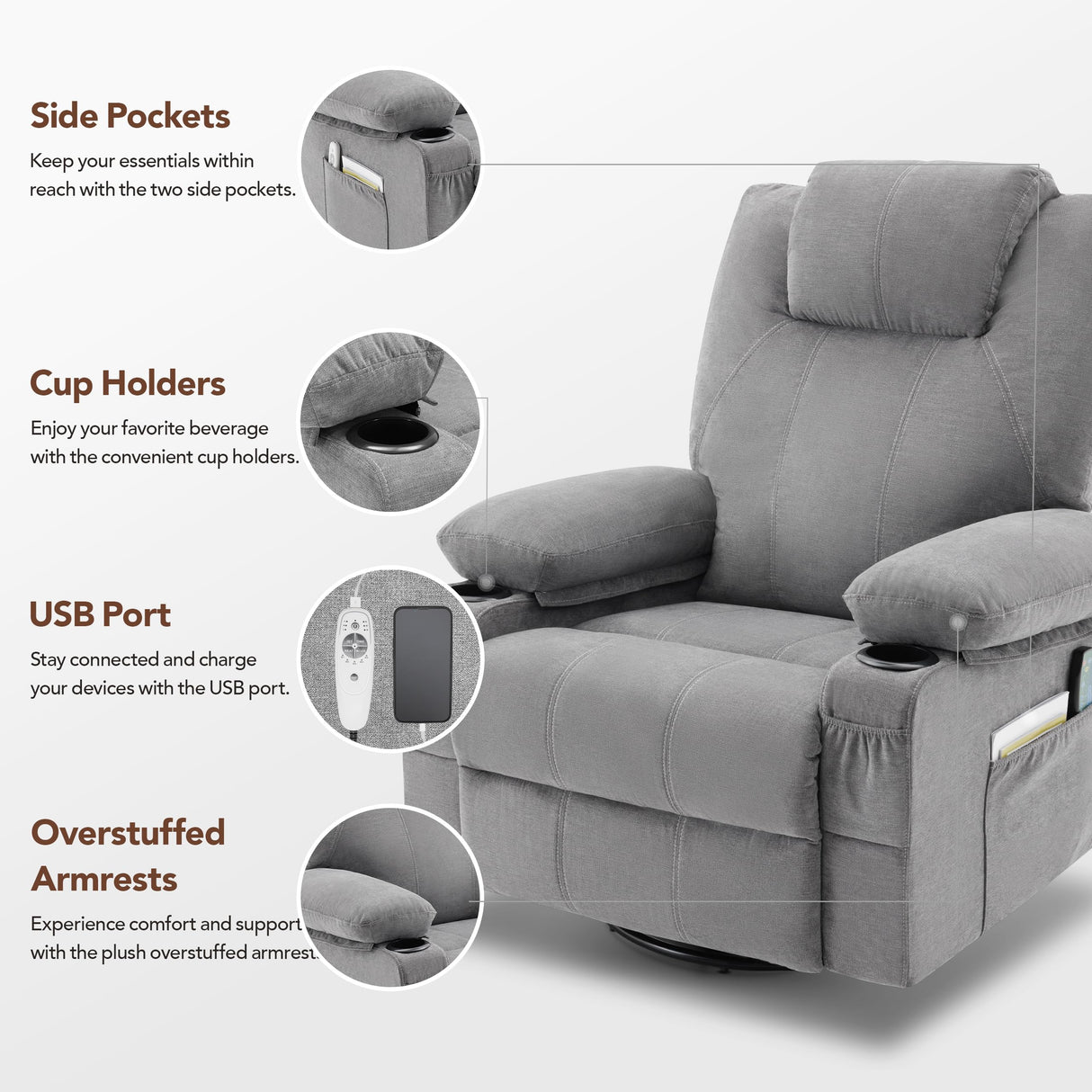 Weture Swivel Rocker Recliner Chair with Heat and Massage, 360 Degree Swivel Recliner Chair with Cup Holders and USB Port, Big Oversized Rocking Single Sofa for Living Room (Fabric, Grey) Weture