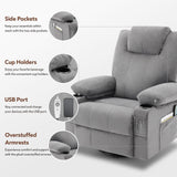 Weture Swivel Rocker Recliner Chair with Heat and Massage, 360 Degree Swivel Recliner Chair with Cup Holders and USB Port, Big Oversized Rocking Single Sofa for Living Room (Fabric, Grey) Weture