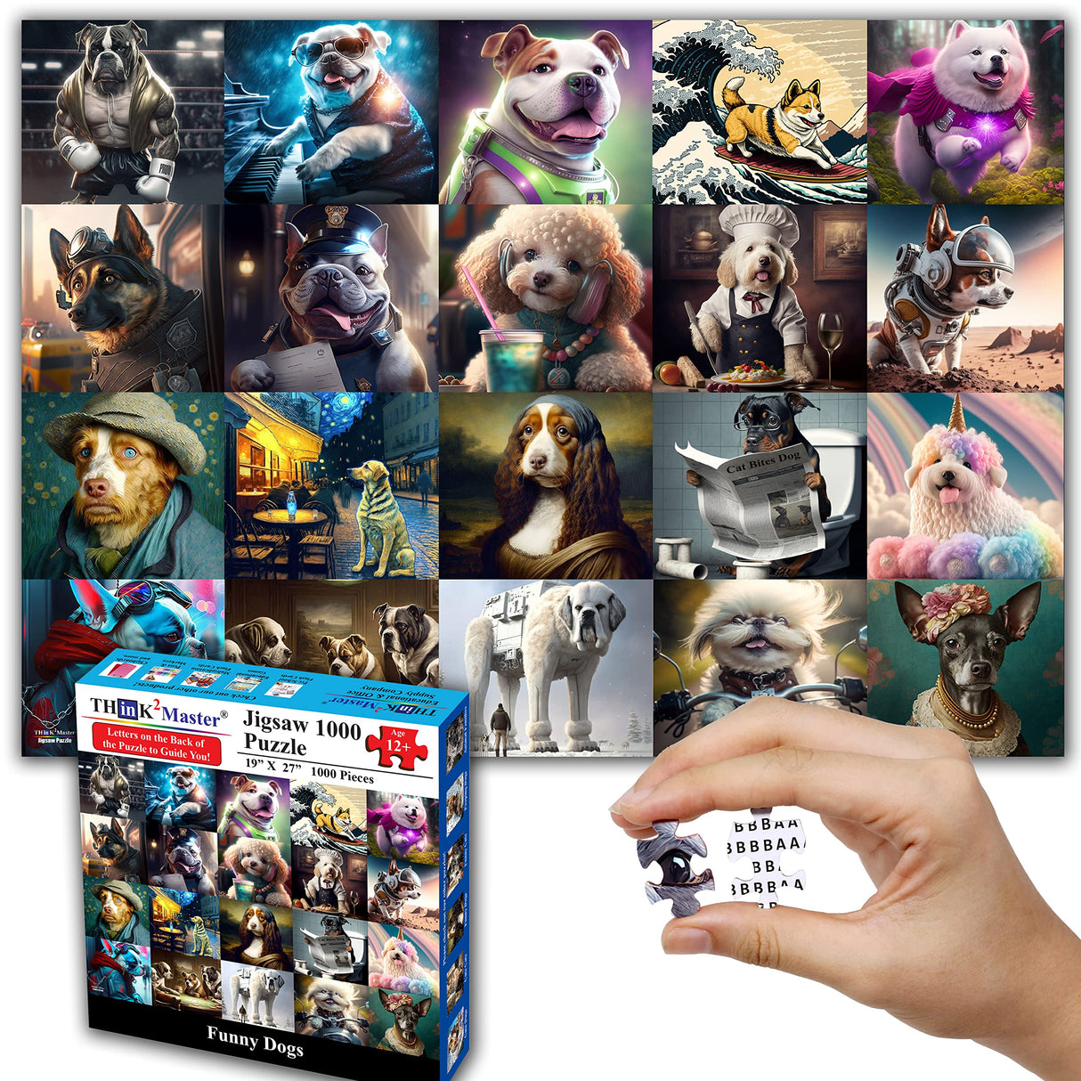 Think2Master Funny Dogs 1000 Pieces Jigsaw Puzzle Featuring heartwarming Puppies and Dogs. Fun for Teens, Seniors & Families. Great Gift for Kids Ages 13+ Size: 26.8” x 18.9 THINK2MASTER