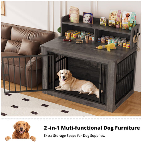 IRONCK Extra Large Dog Crate Furniture, 43.3 inches Wooden Dog Crate with Storage and 4 Hooks, Heavy Duty Pet Crate for Large Dog, Decorative Pet Cage for Indoor (30" L x 43.3" W x 41.1" H) IRONCK