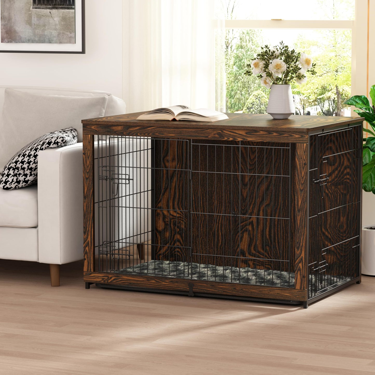 Megidok Wooden Dog Crate Furniture with Cushion, Dog Crate End Table with Tray, Double Doors Dog Crate(XL:43.1" L *28.6" W*30.3" H, Rustic Style)