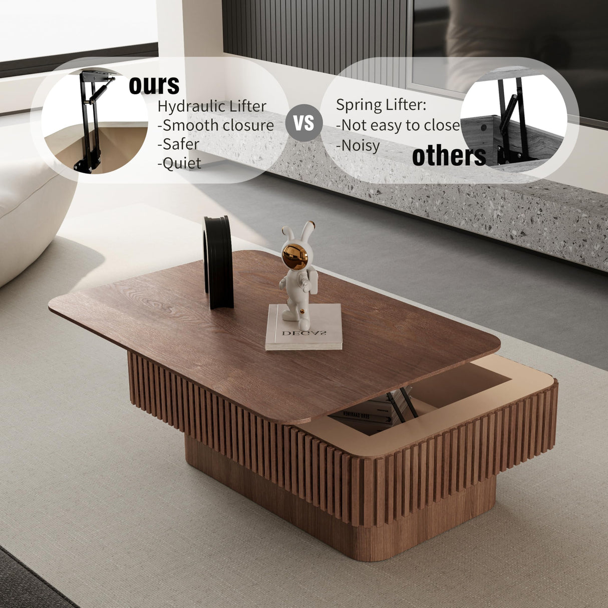 Coffee Table with Lifting Top for Living Room,Mid Century Modern Wood Fluted Lift Top Coffee Tables with Storage,38.6'' Modern Smart Rectangular Lift Pull Up Tabletop for Apartment Office,Walnut BSYEIO