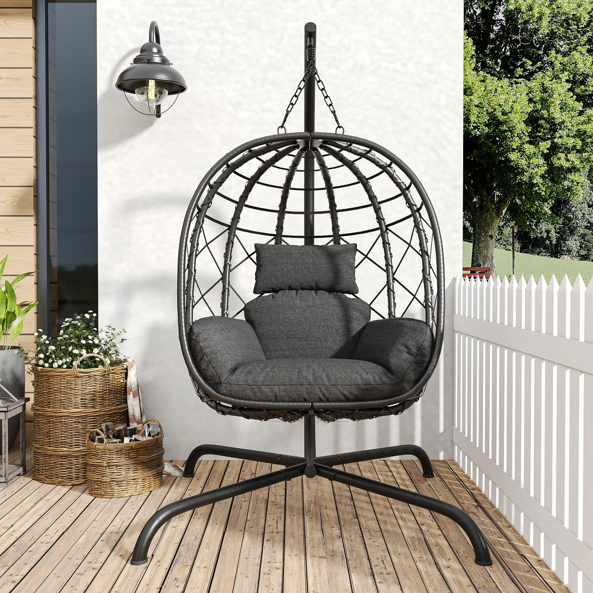 Hanging Egg Chair with Stand Patio Wicker Rattan Swing Chair Hammock Egg Chair for Indoor & Outdoor 400lbs Capacity with Thickened Cushion for Bedroom Balcony Garden TQKVIPI