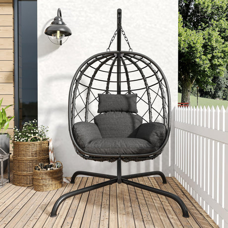 Hanging Egg Chair with Stand Patio Wicker Rattan Swing Chair Hammock Egg Chair for Indoor & Outdoor 400lbs Capacity with Thickened Cushion for Bedroom Balcony Garden TQKVIPI