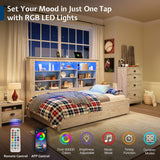 Jocisland Twin Daybed with Bookcase Headboard, USB-C Charging, RGB Lights ＆ 3 Drawers, No Box Spring Needed, Farmhouse Wood Bed Frame for Teens, Dorms, Guest Room, Distressed White Jocisland