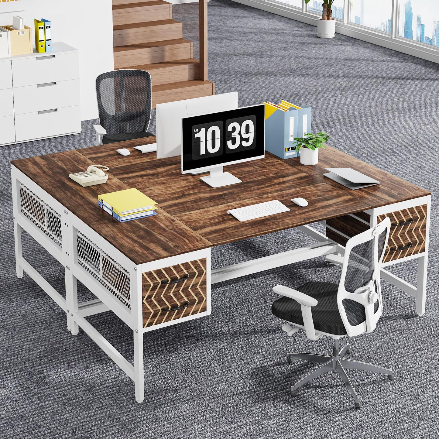 Tribesigns Computer Executive Desk with Drawers: Wood 63" Computer Desk with 4 Storage Drawers, Farmhouse Study Writing Table, Herringbone Business Furniture for Home Office, Brown and White - WoodArtSupply