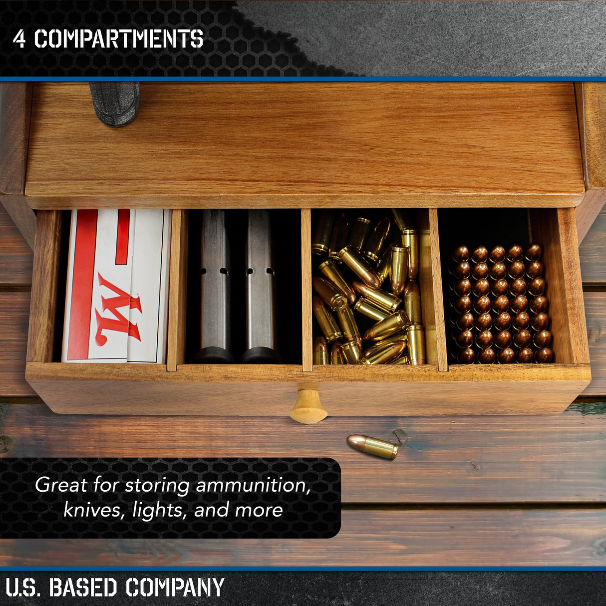 Tactical45 Pistol Rack for Gun Safe Shelf - 4 Slot Wooden Handgun Rack with Divided Ammo Drawer - Revolver and Firearm Accessories Organizer - Bedside Gun Holder for Nightstand or Desktop Tactical45