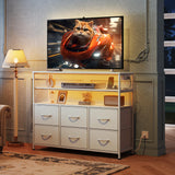 WLIVE Led Dresser for Bedroom, White Dresser TV Stand for Bedroom with LED Lights and Power Outlet, Wide Chest of Drawers with Open Shelves for Entryway, 6 Fabric Drawers and Wood Top for Living Room WLIVE