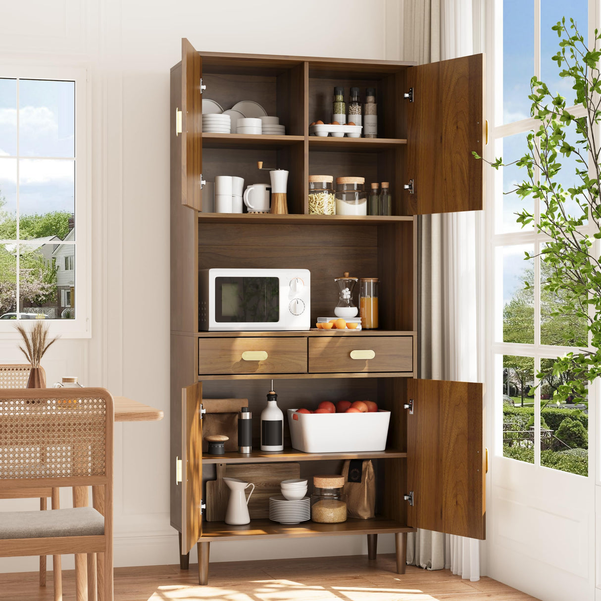 Smuxee 70.87" Walnut Kitchen Pantry Cabinet, Tall Food Pantry Cabinet with Line Groove Design, Kitchen Hutch with Microwave Stand for Dining Room Living Room Smuxee