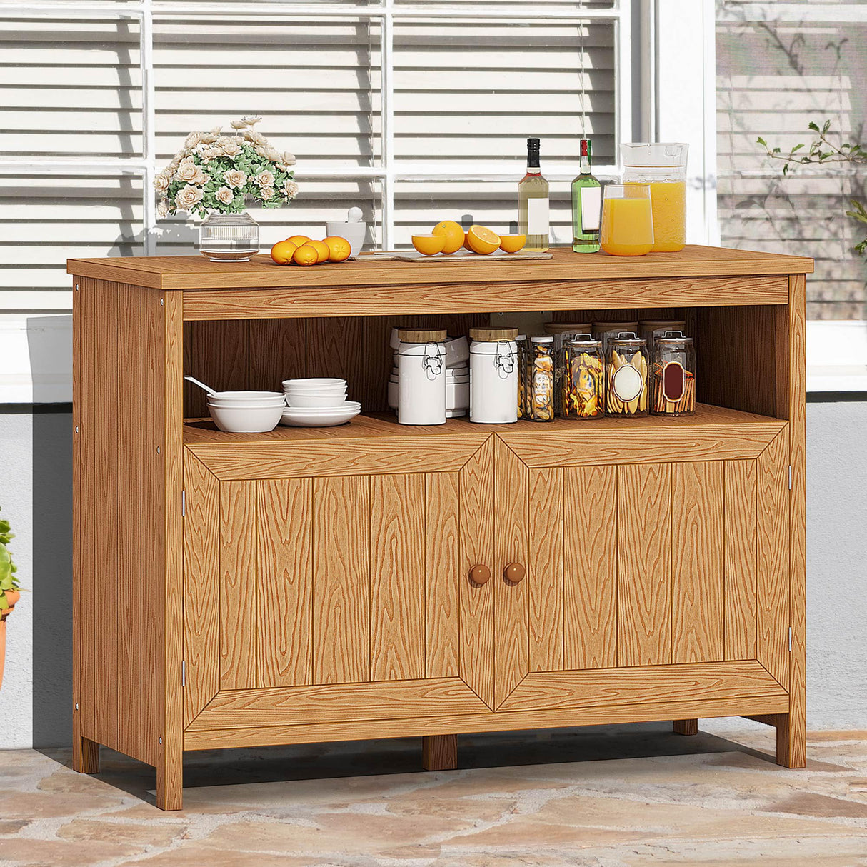 DWVO Poly Lumber Outdoor Sideboard, Patio Bar Table with Storage and Shelves, Weather Resistant Storage Cabinet for Outdoor, Pool and Garden - Brown DWVO
