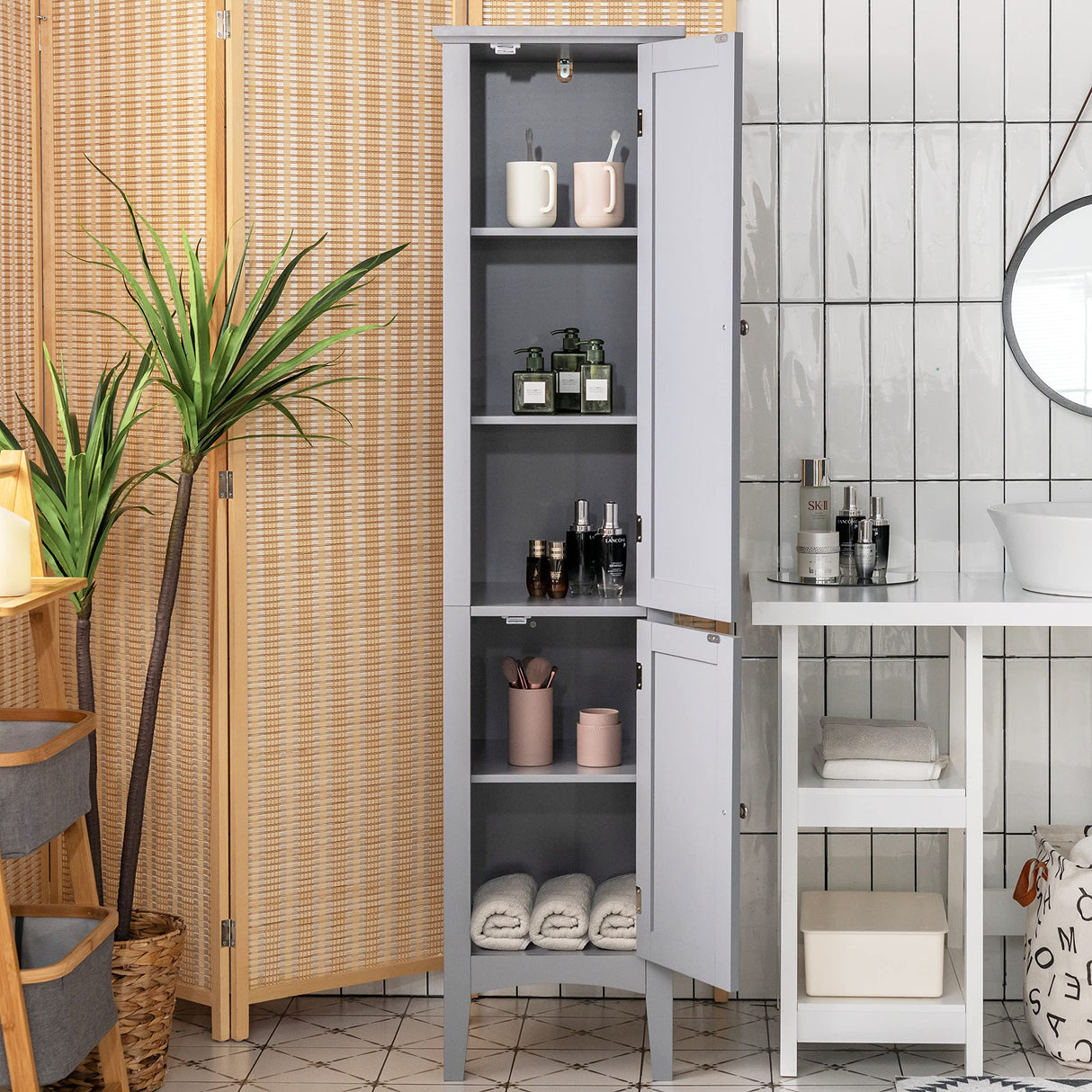 Tangkula 5-Tier Freestanding Grey Bathroom Storage Cabinet with Doors and Shelves Tangkula