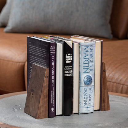 TILISMA Book Ends for Shelves - Handmade Wooden Bookends with Metal Base, Walnut Tree - Sturdy Book Holders for Heavy Books - Fancy Modern Decorative Book Accessories to Hold Books Firmly on Bookshelf