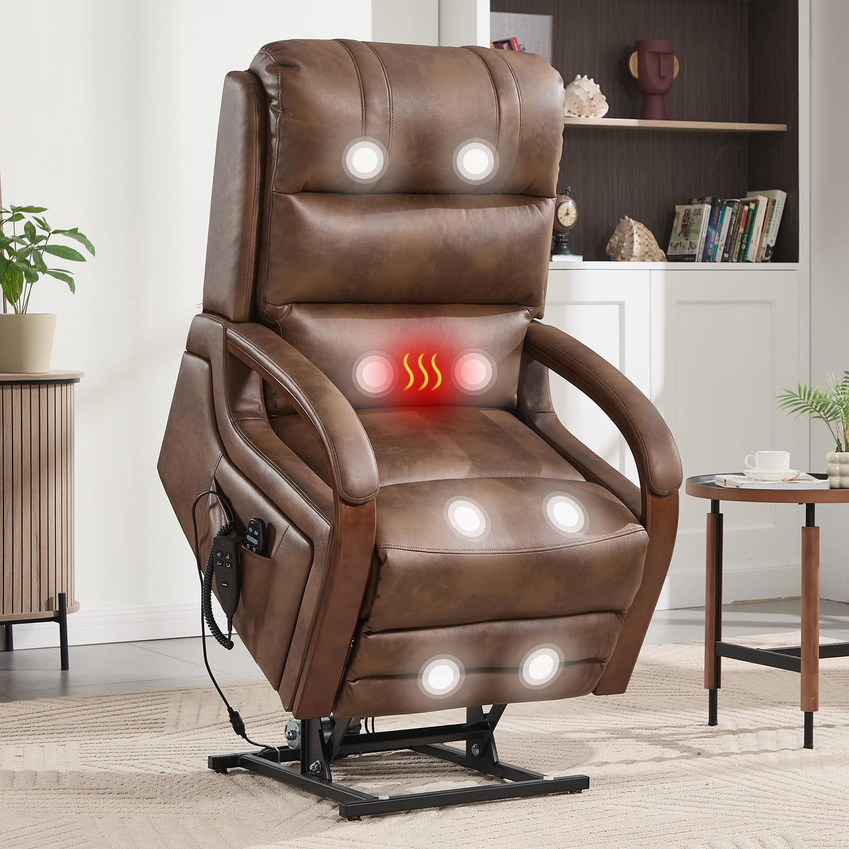 EZZUP Power Lift Recliner Chair for Elderly People, Dual Motor Lift Chair with Vibration Massage and Heat, Lay Flat Recliner with Solid Wood Armrest, Standing Assistance Reclining, Faux Leather Brown EZZUP