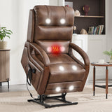 EZZUP Power Lift Recliner Chair for Elderly People, Dual Motor Lift Chair with Vibration Massage and Heat, Lay Flat Recliner with Solid Wood Armrest, Standing Assistance Reclining, Faux Leather Brown EZZUP