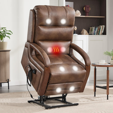 EZZUP Power Lift Recliner Chair for Elderly People, Dual Motor Lift Chair with Vibration Massage and Heat, Lay Flat Recliner with Solid Wood Armrest, Standing Assistance Reclining, Faux Leather Brown EZZUP