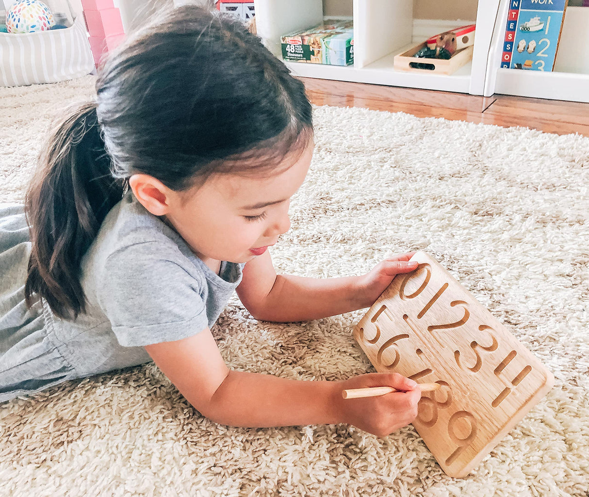 Montessori & Me Wood Number Tracing Board - Montessori Wooden Numbers and Shapes Complements Wooden Letter Tracing Board - Large Wooden Print Numbers for Toddler to Preschool Montessori & Me