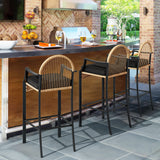 YITAHOME 3-Piece Outdoor Wicker Bar Height Set with Cushioned Barstools, Patio Bistro Furniture for Balcony and Poolside, Black+Light Yellow YITAHOME
