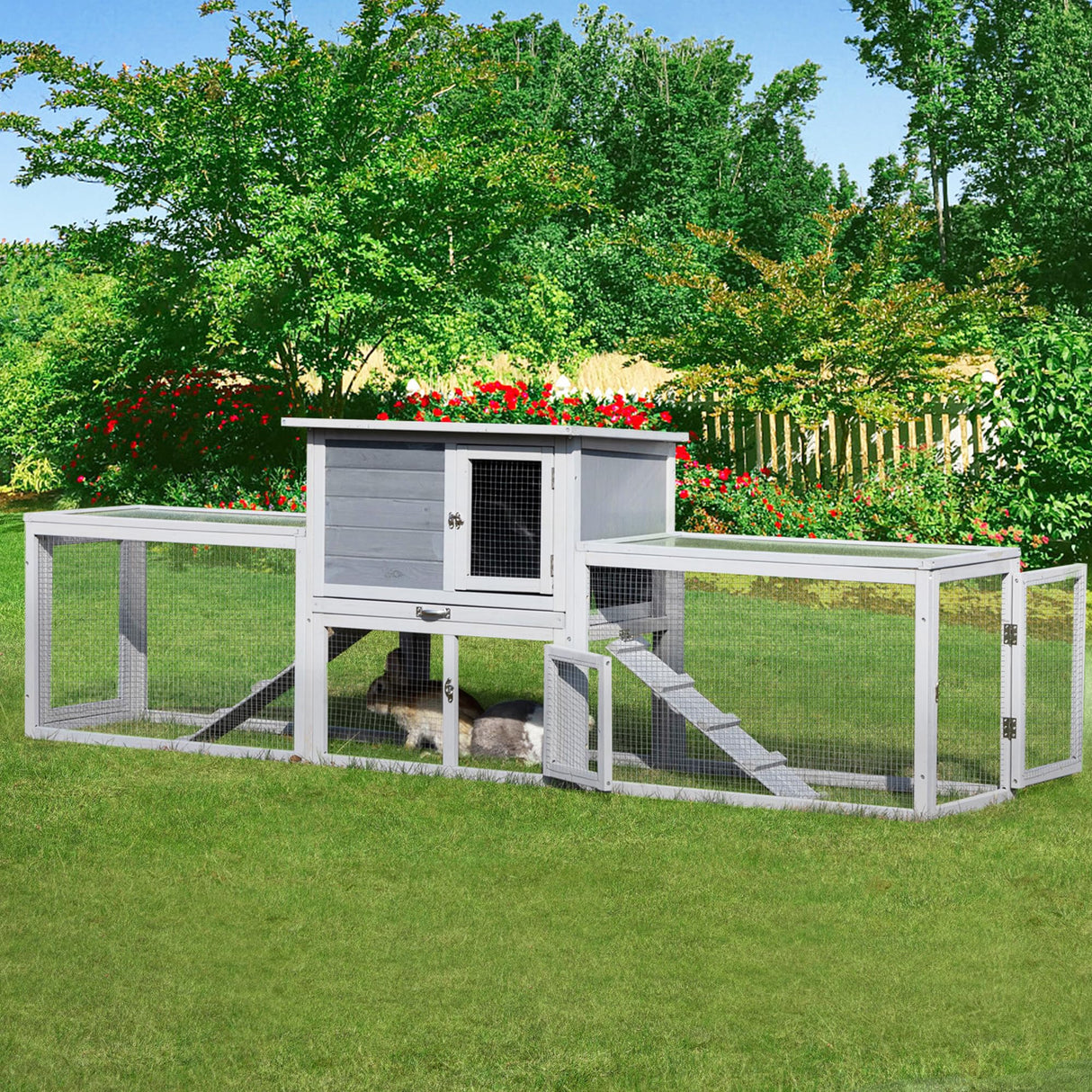 COZIWOW Rabbit Hutch Outdoor, 94.5" Extra Large Bunny Hutch, 2-Story Wooden Rabbit Cage Indoor for 2 or More Bunnies with Pull-Out Tray & Weatherproof Roofs (Grey) COZIWOW