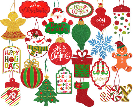 Giiffu Christmas Gift Tags (80-Pack) - Holiday Present Tags with Untied Strings, 20 Assorted Glitter Designs - Xmas Name Labels for DIY Wrapping & Presents Giiffu