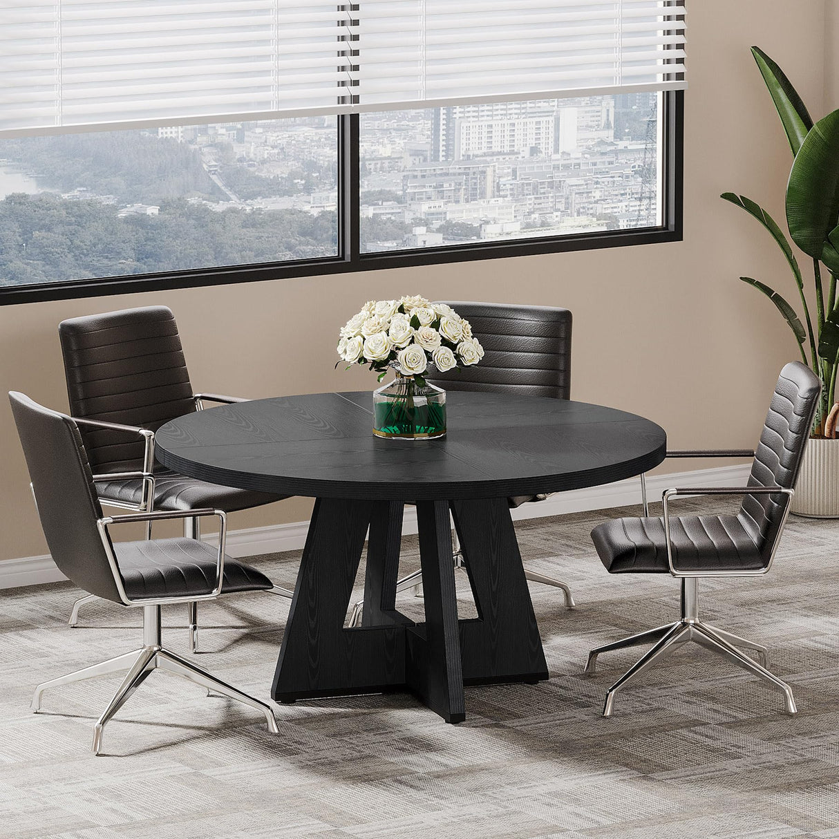Tribesigns 47-Inch Round Conference Table for 4-6 People, Wooden Meeting Room Table with Thicken Tabletop and Wood Base, Modern Meeting Training Desk for Conference Room Seminar Room (Black) Tribesigns