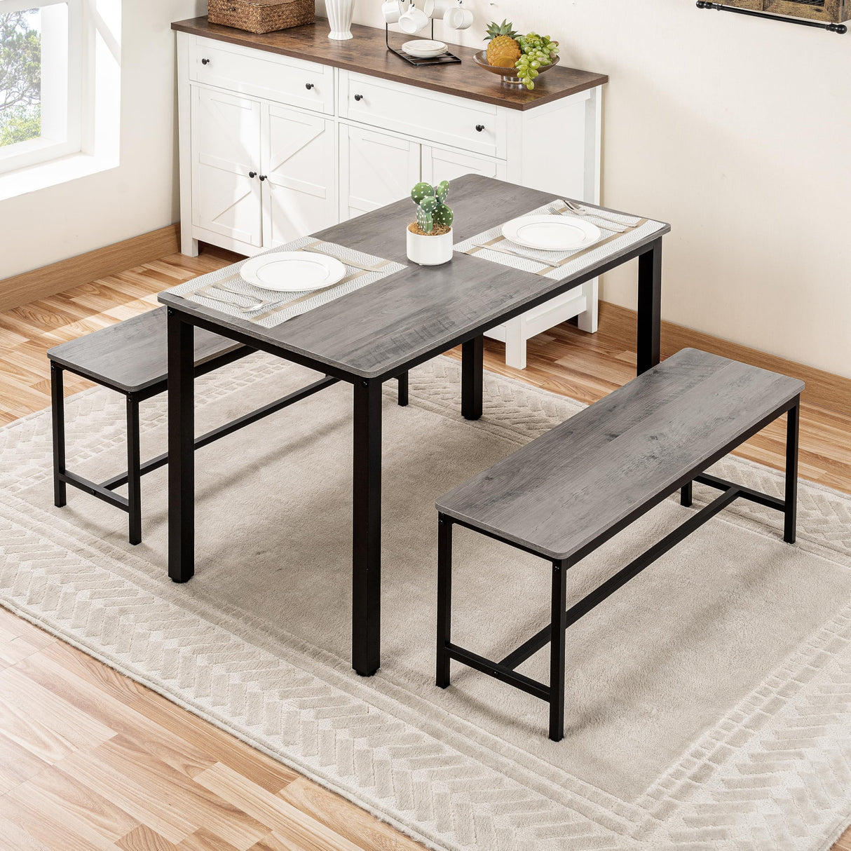 Naomi Home Paola 3-Piece Dining Table Set with 2 Benches – Compact Kitchen Table with Space-Saving Slide-Under Seating, Gray Engineered Wood Top & Steel Frame, Ideal for Apartments & Small Spaces Naomi Home
