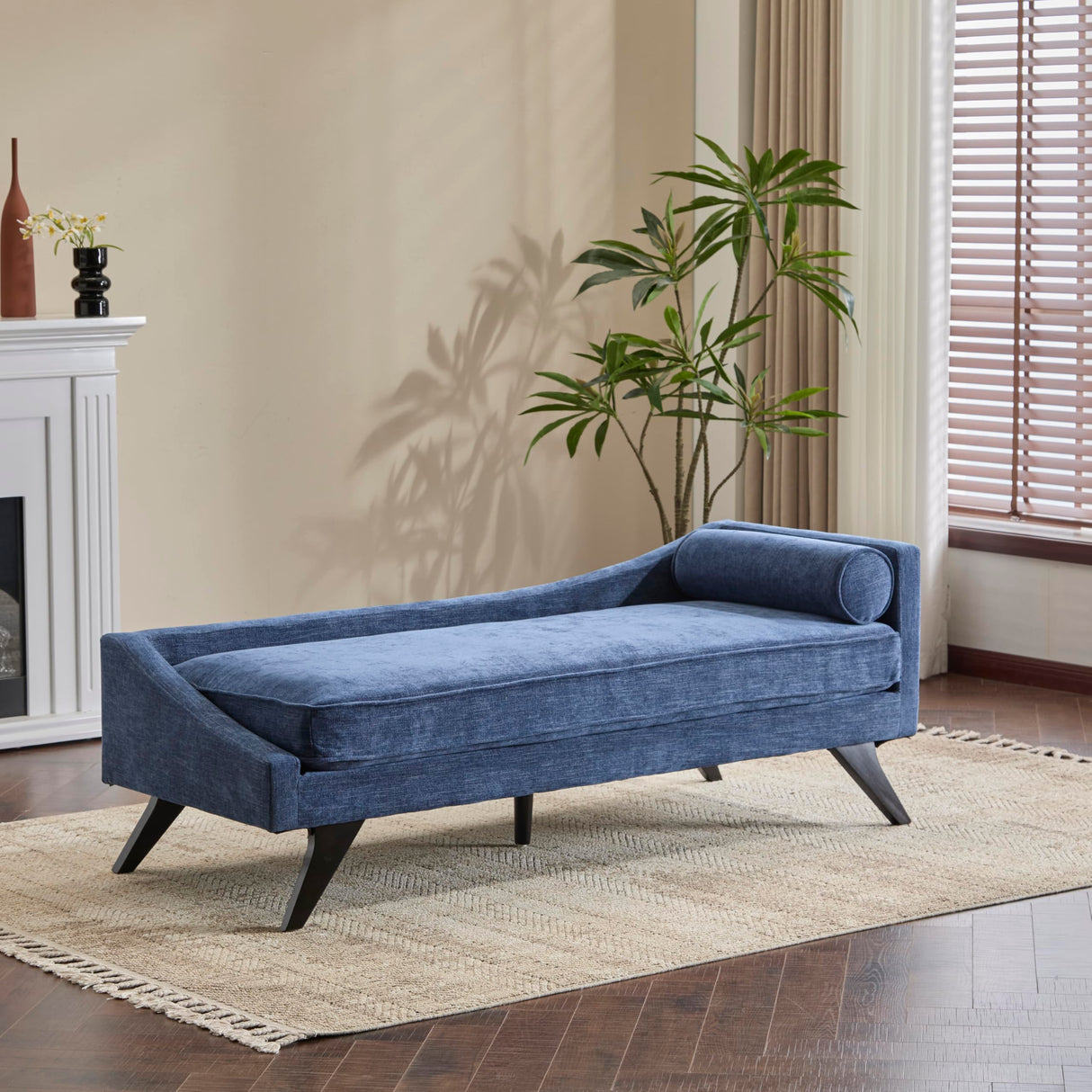 Christopher Knight Home Cagle Upholstered Loveseat Sofa with Splayed Legs, Birch Wood Frame Lounge Chair, Living Room Chaise Lounge Chair Indoor, Soft Lounge Sofa with Rolled Accent Pillow, Navy Blue Christopher Knight Home