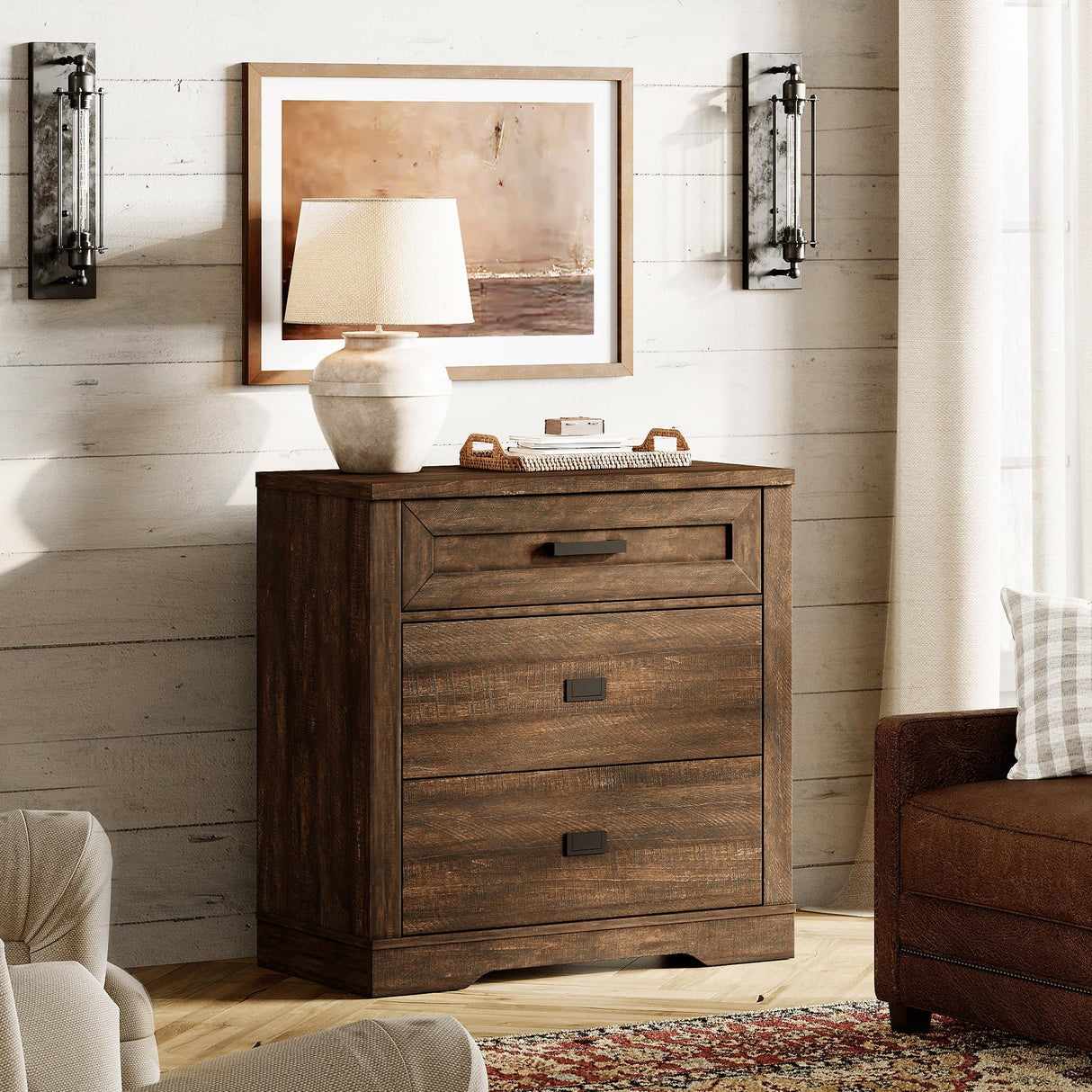 WAMPAT Rustic Wood 3-Drawer Dresser,32-inch Tall Farmhouse Bedroom Chest of Drawers with Smooth Glide, 31.5-inch Wide Storage Cabinet with Drawers, Rustic Brown WAMPAT