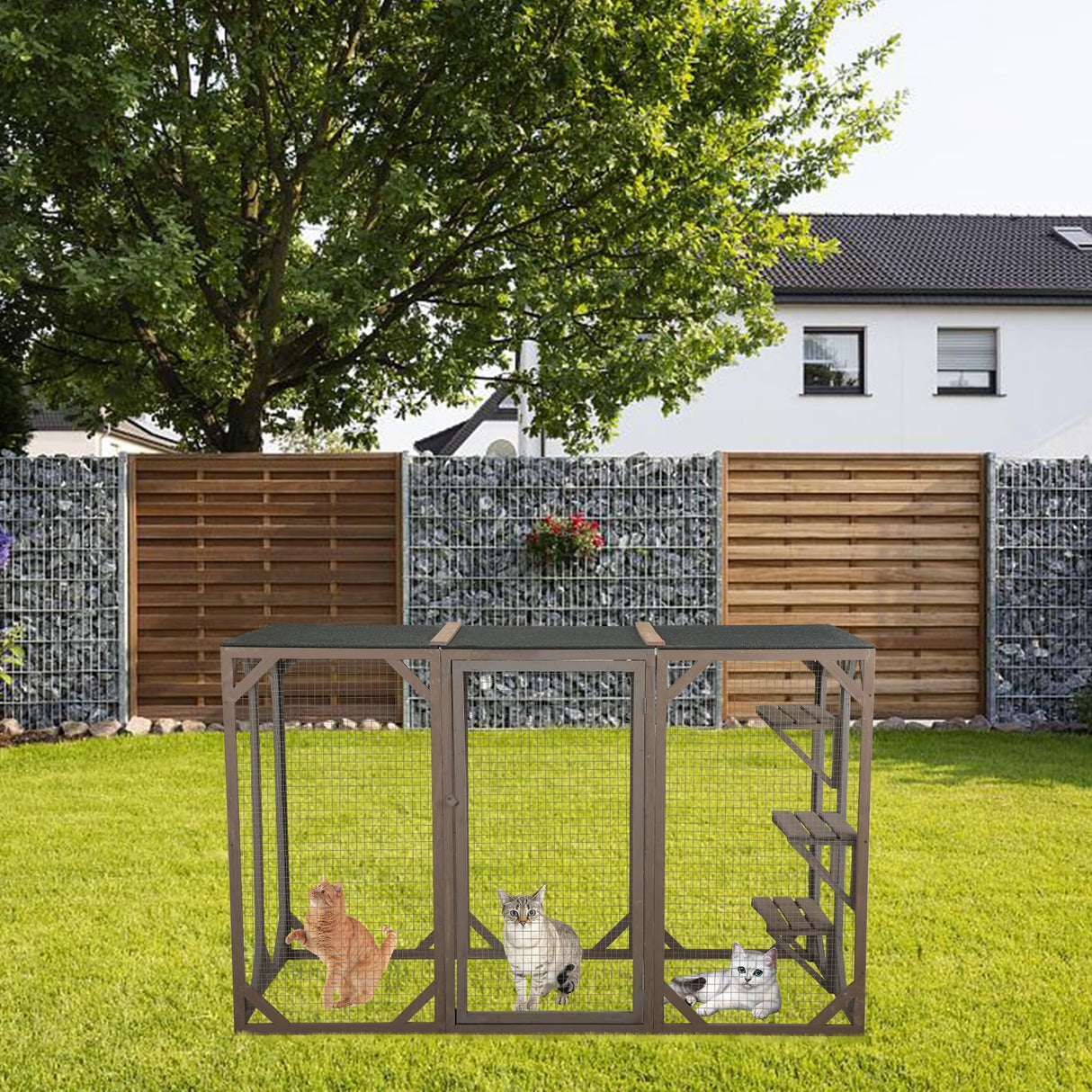 NBTiger Wood Cat Enclosure Catio Cage Pet Playhouse Run House Cage with 3 Activity Platforms, Small Animals Outdoor Pet Kennel Playpen 71'' x 32'' x 43'' NBTiger