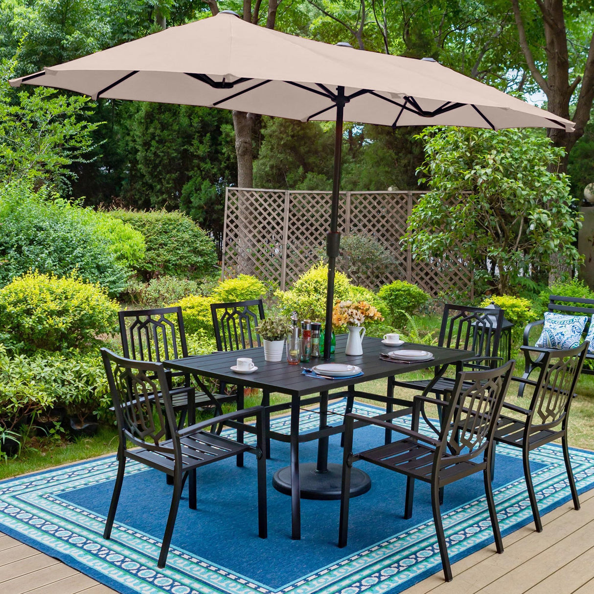 PHI VILLA Patio Dining Set 8 PCS with 13ft Double-Sided Patio Umbrella(Beige)，Metal Outdoor Dining Set - 6 x Outdoor Stackable Chairs, 1 x 60"x38"Rectangle Dining Table and 1 Umbrella PHI VILLA