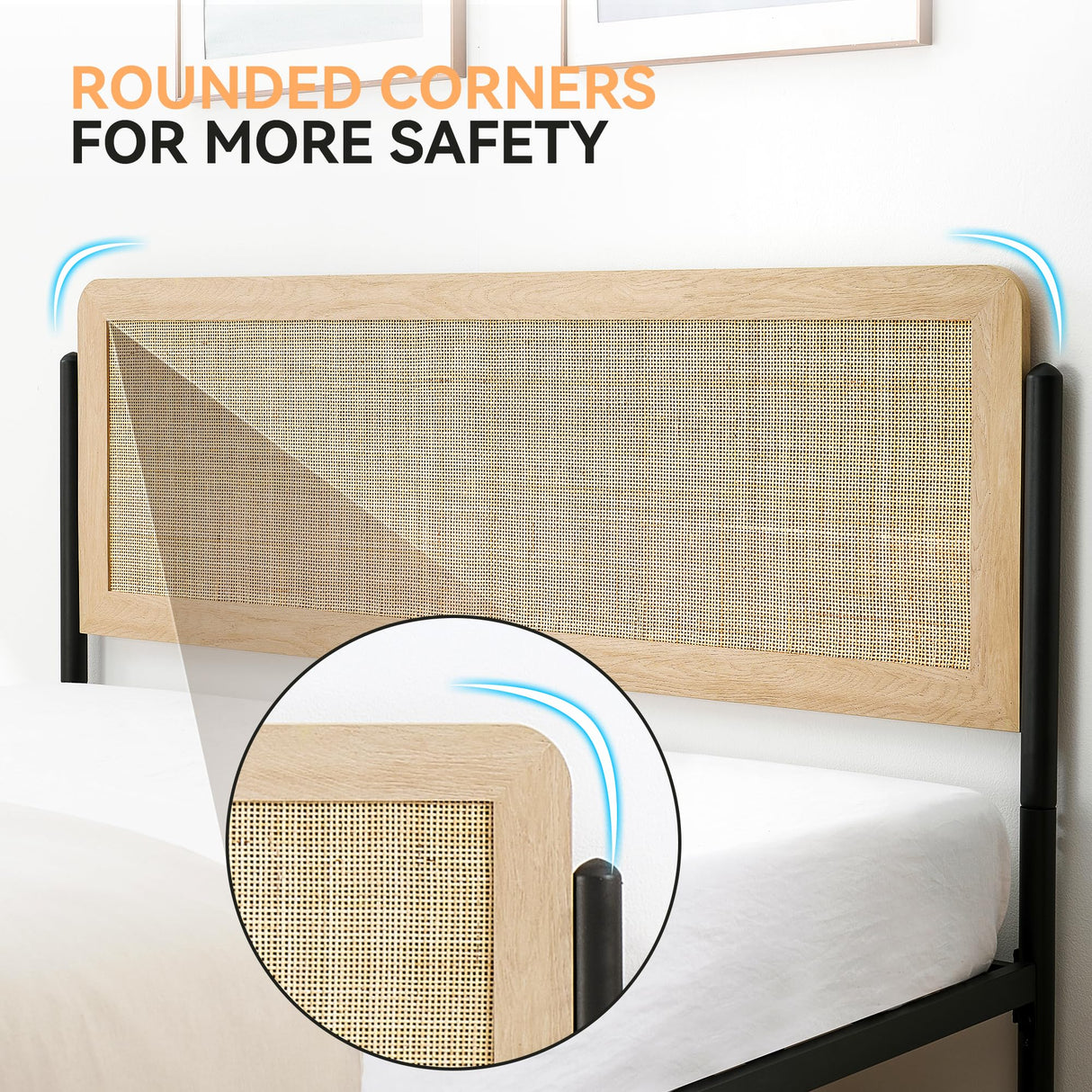 GAOMON Full Metal Bed Frame with Curved Rattan Headboard and Wooden Footboard,Modern Platform Bed Frame with Underbed Storage Space,Noiseless,No Spring Box Needed, Oak GAOMON