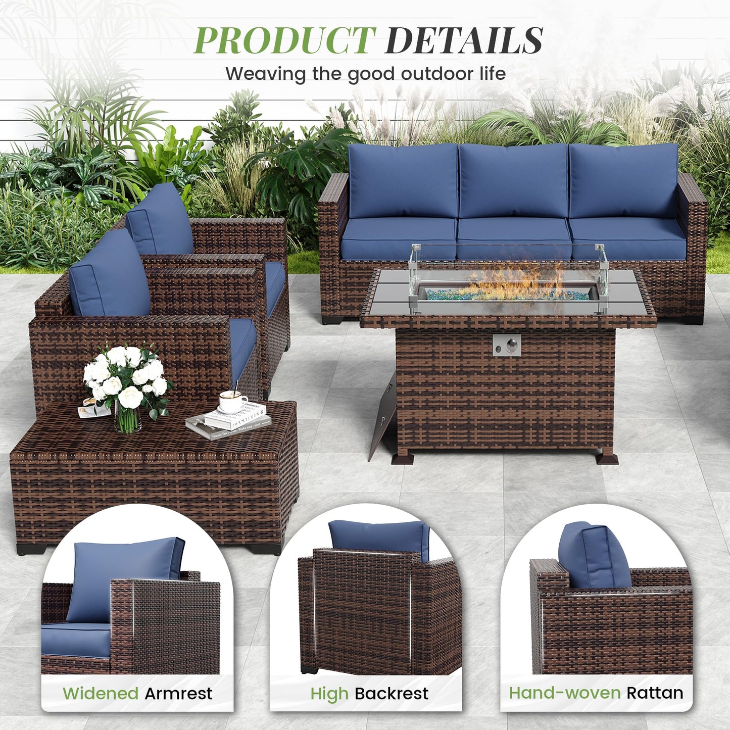 Amopatio Patio Furniture Set with Fire Pit Table, 6 Pieces Outdoor Oversized Sectional Couch Wicker Patio Armrest Sofa, 44" Fire Pit Conversation Sets with Storage Table, Waterproof Cover (Na - WoodArtSupply