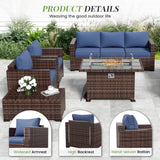 Amopatio Patio Furniture Set with Fire Pit Table, 6 Pieces Outdoor Oversized Sectional Couch Wicker Patio Armrest Sofa, 44" Fire Pit Conversation Sets with Storage Table, Waterproof Cover (Navy) Amopatio