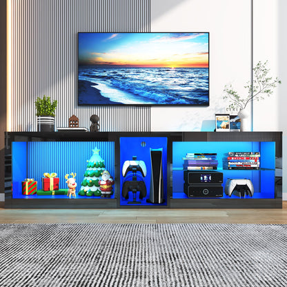 Vinctik 6&Fox High Gloss LED TV Stands w/Power Outlet,60,000-Colors Lighting for 70 75 80inch TV,Modern Black LED Entertainment Center w/Adjustable Glass Shelves for Living Room Gameroom