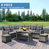 KROFEM 6-Piece Outdoor Patio Furniture Set - Sectional Sofa, Dining Table & Chairs Included, All-Weather Dining Set with Ottoman, Grey Wicker and Grey Cushions KROFEM
