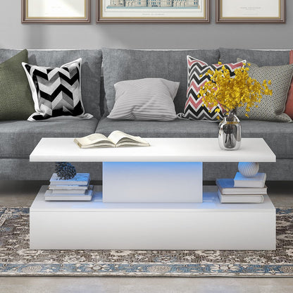 Merax 47.2'' 2-Tier LED Light White Coffee Table, Modern Industrial Design Cocktail Table with 16-color LED lighting and a remote control for Livingroom - WoodArtSupply