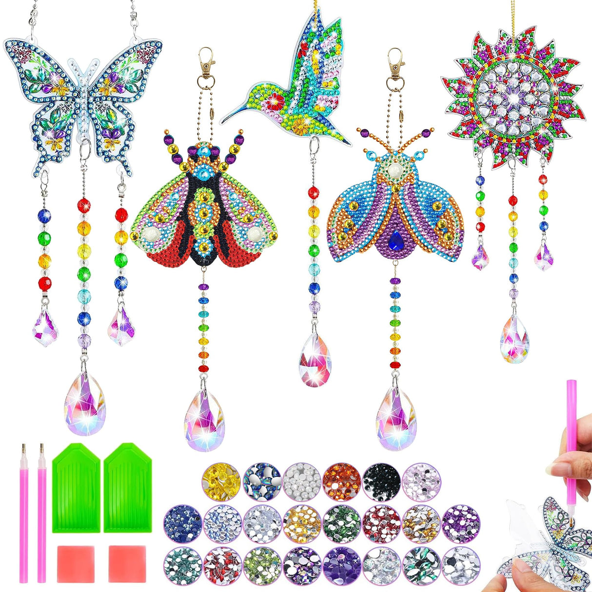 5Pcs Diamond art Kits for Kids/Adults, Crafts for Kids Ages 8-12, DIY Diamond Painting art Wind Chimes Crystal Window Suncatcher Craft, Birthday Gifts for 7 8 9 10 11 Year Old Girls, Home Garden Decor Mulyric