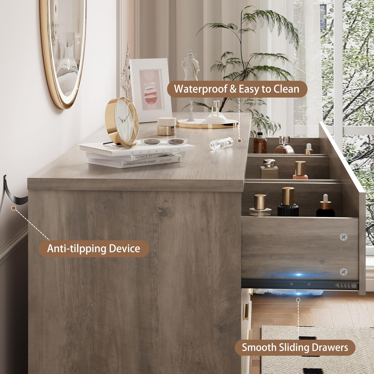 Dresser for Bedroom, 9 Drawer Wide Modern Chest of Drawers with X-Shaped Sturdy Base, Wood Double Dresser Closet Clothes Storage Organizer, Wooden TV Stand for Living Room, Hallway, Grey Xixini