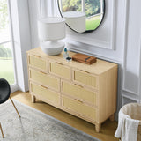 SEHAONOHOME Rattan Dresser with 7 Drawers, Wooden Modern Chest of Drawers, Wood Storage Cabinet for Bedroom, Entryway, Living Room and Hallway, Natural Wood SEHAONOHOME
