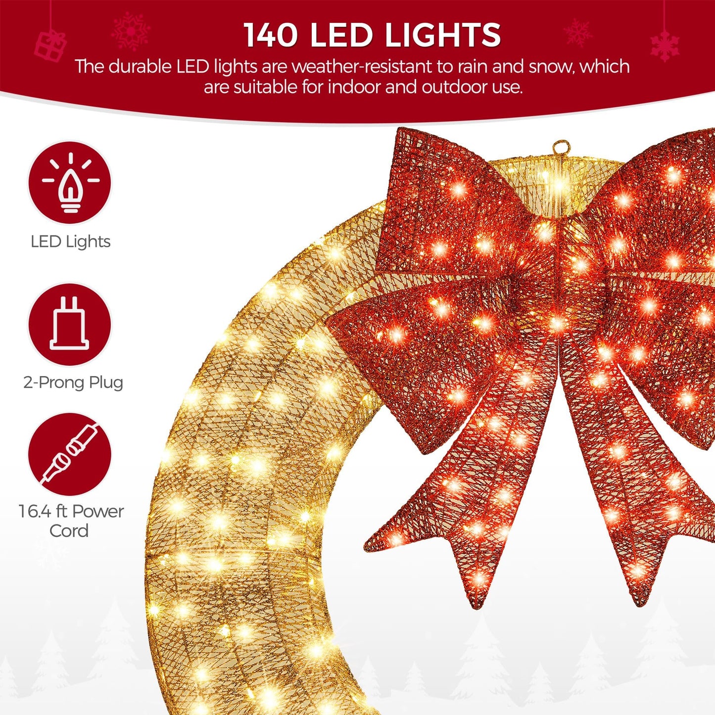 Yaheetech 48in Large Christmas Wreath, Pre-Lit Outdoor Christmas Wreath Decoration w/ 140 Lights, Bow, LED Metal Holiday Decor for Wall Home Exterior Garden Gold