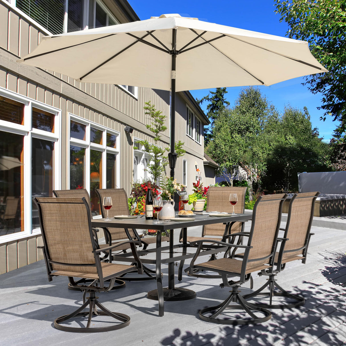 NUU GARDEN 7 Piece Outdoor Dining Set, 6 Swivel Patio Chairs and 1 Dining Table with 1.57 Inch Umbrella Hole, Iron Patio Furniture Set for Lawn Backyard Balcony, Black and Brown NUU GARDEN