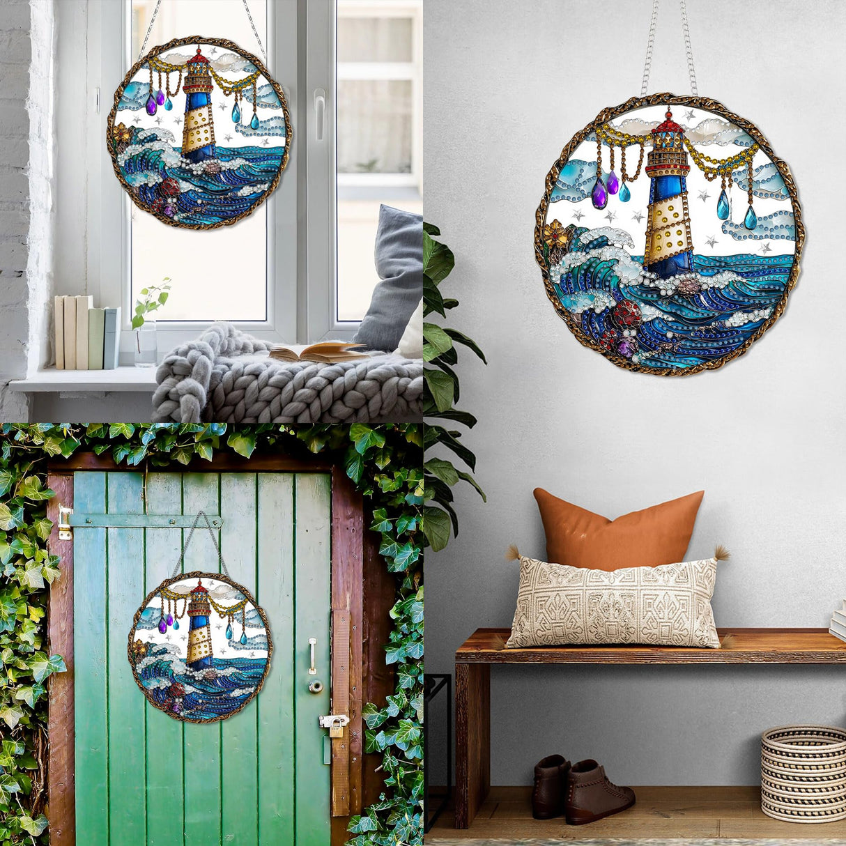 Diymood DIY Hanging Diamond Art Kits for Adults Lighthouse, Diamond Painting Kit Pendant Special Shaped Double Sided Acrylic Sun Catcher Board Wreath Pendants Canvas Window Wall Decor 8 x 8 Inch Diymood