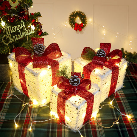 Christmas Decorations, Set of 3 Christmas Lighted Gift Boxes, Plush Christmas Ornaments with 60 LED Warm White Christmas Lights for Christmas Tree Skirt Fireplace Table Room Indoor Decor Aokudoni