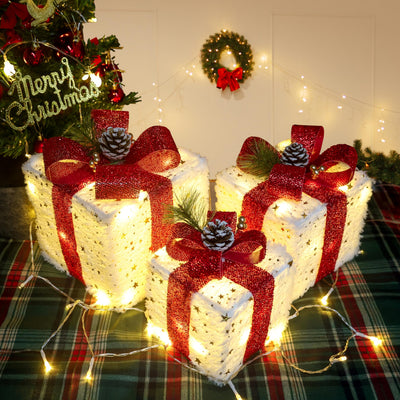Christmas Decorations, Set of 3 Christmas Lighted Gift Boxes, Plush Christmas Ornaments with 60 LED Warm White Christmas Lights for Christmas Tree Skirt Fireplace Table Room Indoor Decor