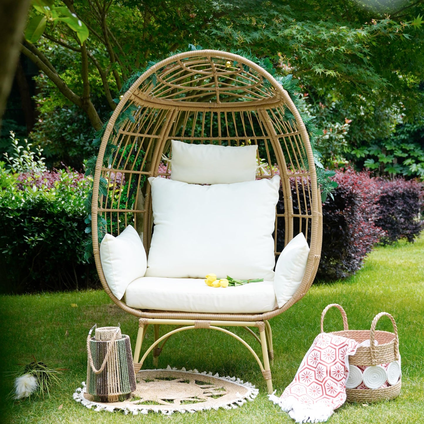 TIMWNER Oversized Egg Chair Indoor,Outdoor Large Wicker Lounge Chair with Stand and Cushions for Patio,Living Room,Backyard with 4 Comfortable Cushion. - WoodArtSupply