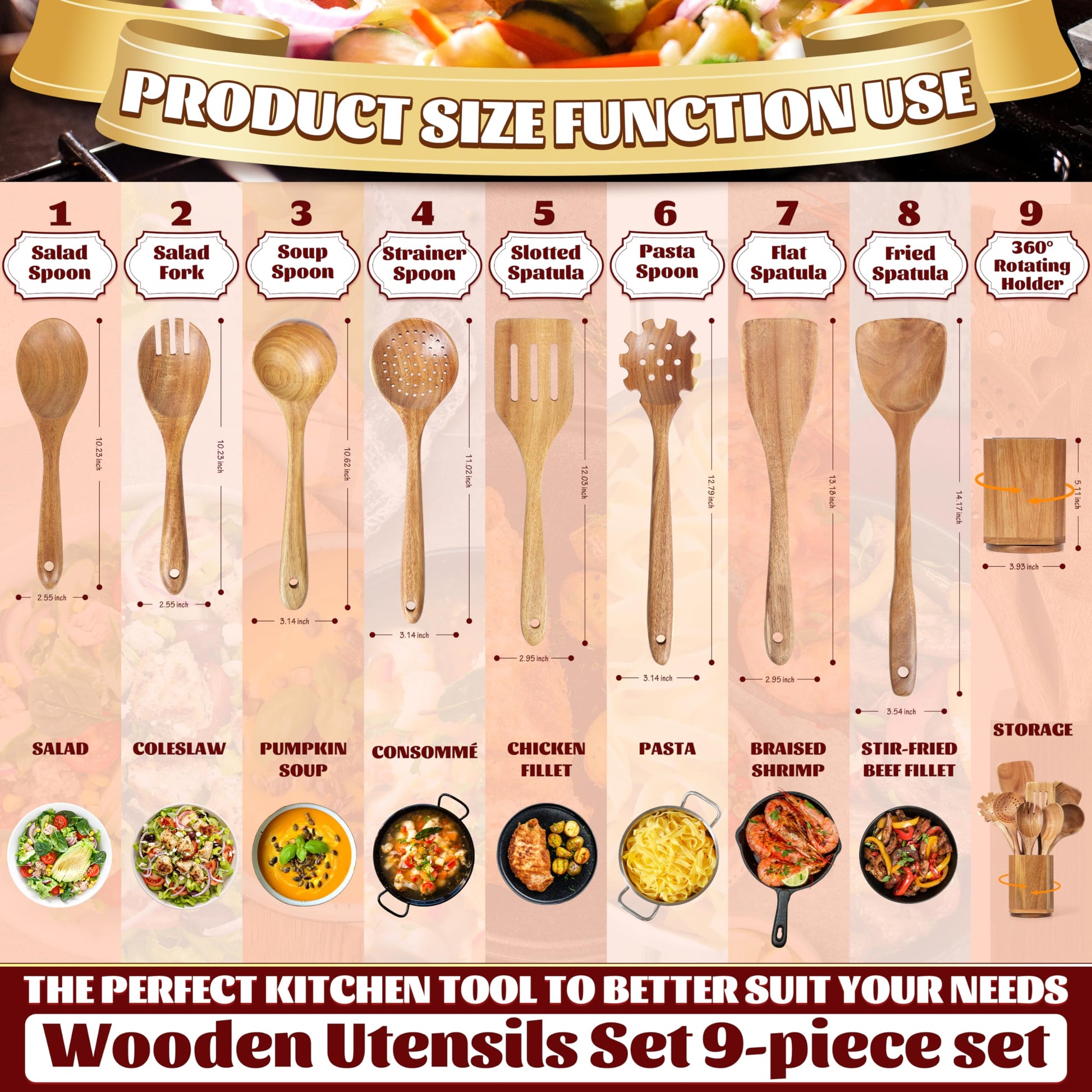 Utensil Cooking Spoon Set with Holder : KINGSOW 9 Pcs Wooden Spoons for Kitchen Nonstick Cookware - WoodArtSupply