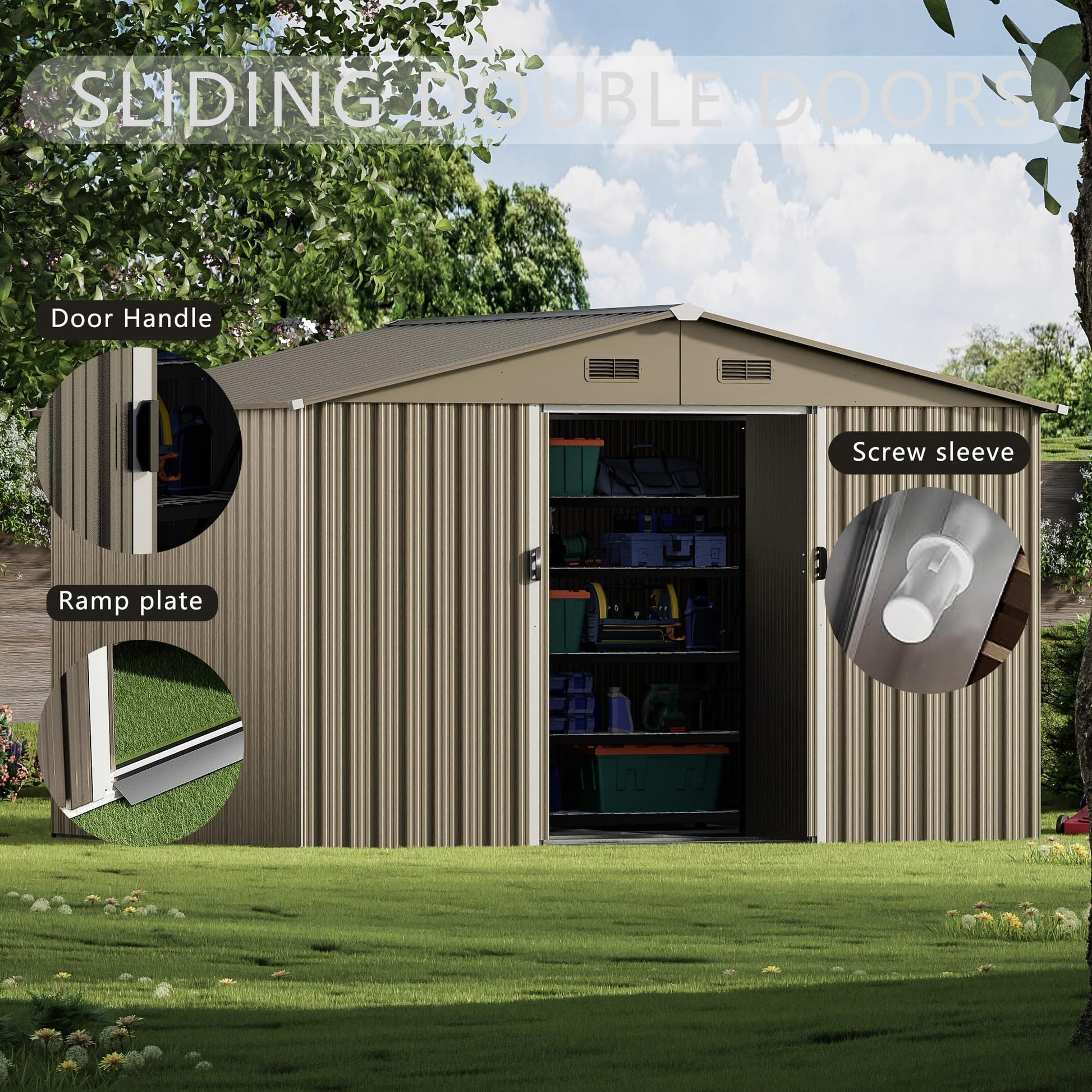 ASJMR 10FT x 8FT Outdoor Storage shed, Waterproof Lockable Door Metal Tool shed with Sliding Door and Ventilation, Gardening Tool Storage Room, Metal Storage shed for Gardens and lawns - WoodArtSupply