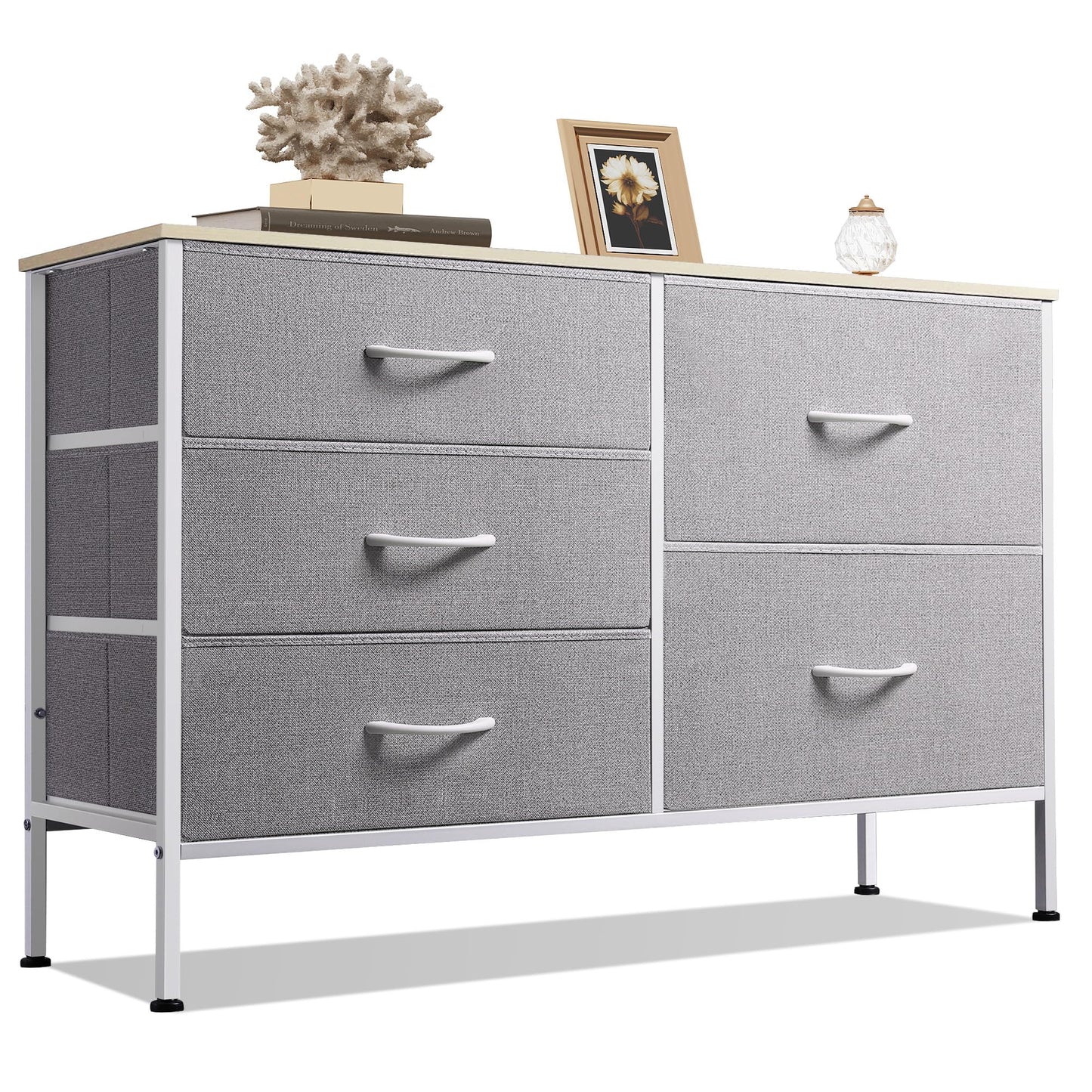 WLIVE Dresser for Bedroom with 5 Drawers, Wide Bedroom Dresser with Drawer Organizers, Chest of Drawers, Fabric Dresser for Living Room, Closet, Hallway, Light Grey - WoodArtSupply