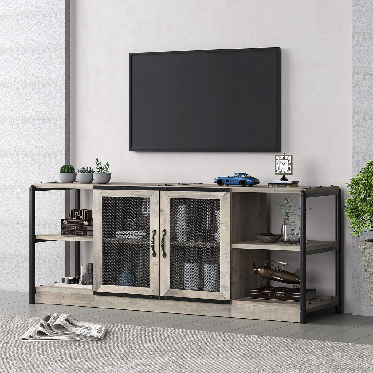 IDEALHOUSE TV Stand for 65 inches TVs, Farmhouse Entertainment Center with Storage Cabinet and Mesh Doors, Industrial TV Media Console Cabinet Table, Media Furniture for Living Room, Rustic Grey IDEALHOUSE